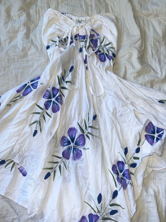 American Vintage Dresses & Skirts - Gorgeous White Strapless Floral Sundress with Purple Blooms fairy dress